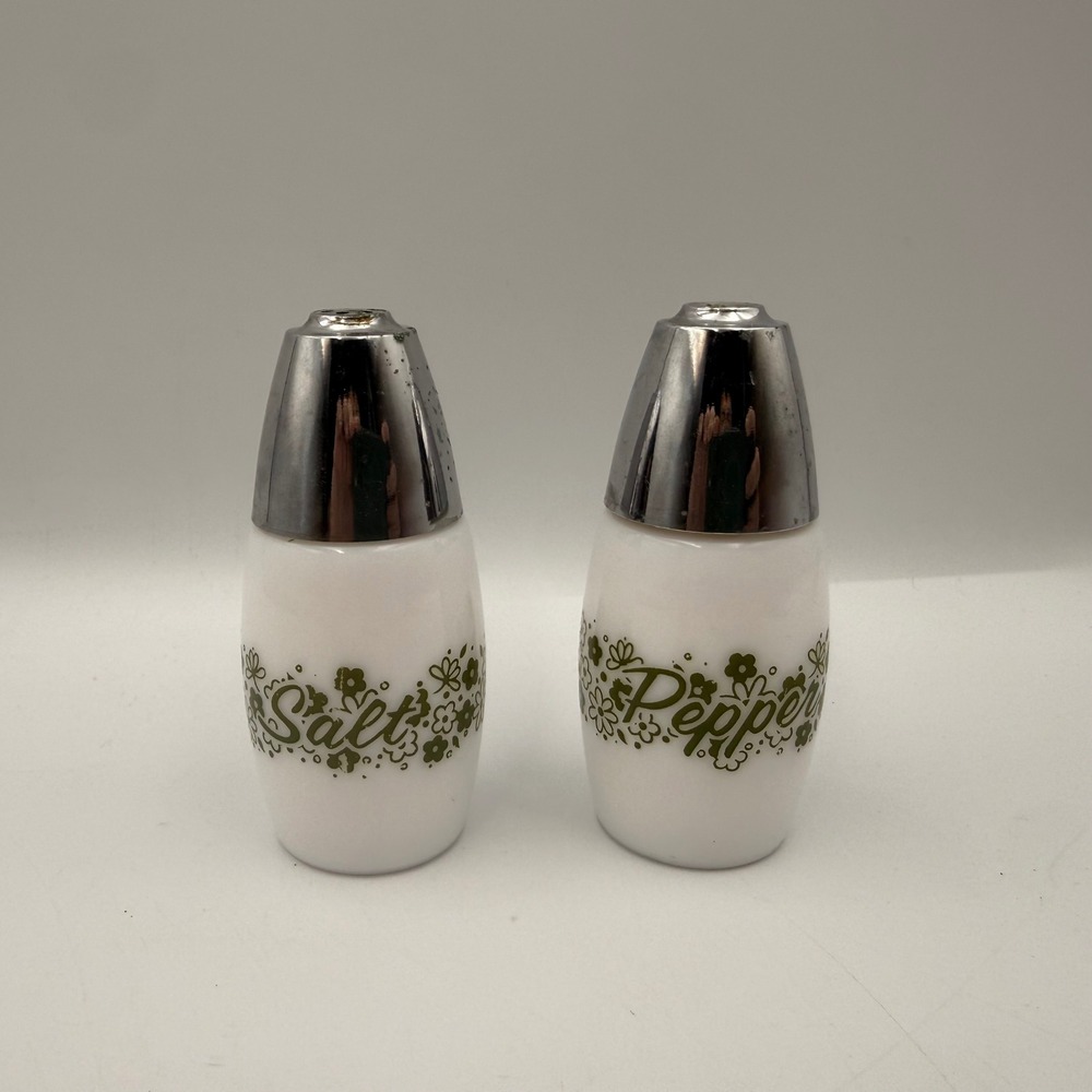 Westinghouse Vintage Salt and Pepper Shaker Set Milk Glass Green Floral Chrome